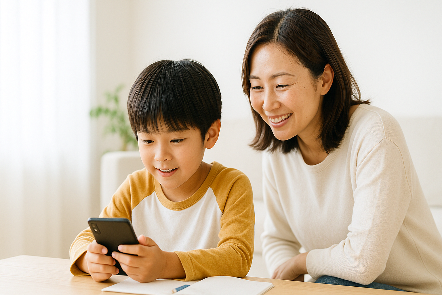 スマホ学習に夢中の子どもと、それを微笑ましく応援するお母さん